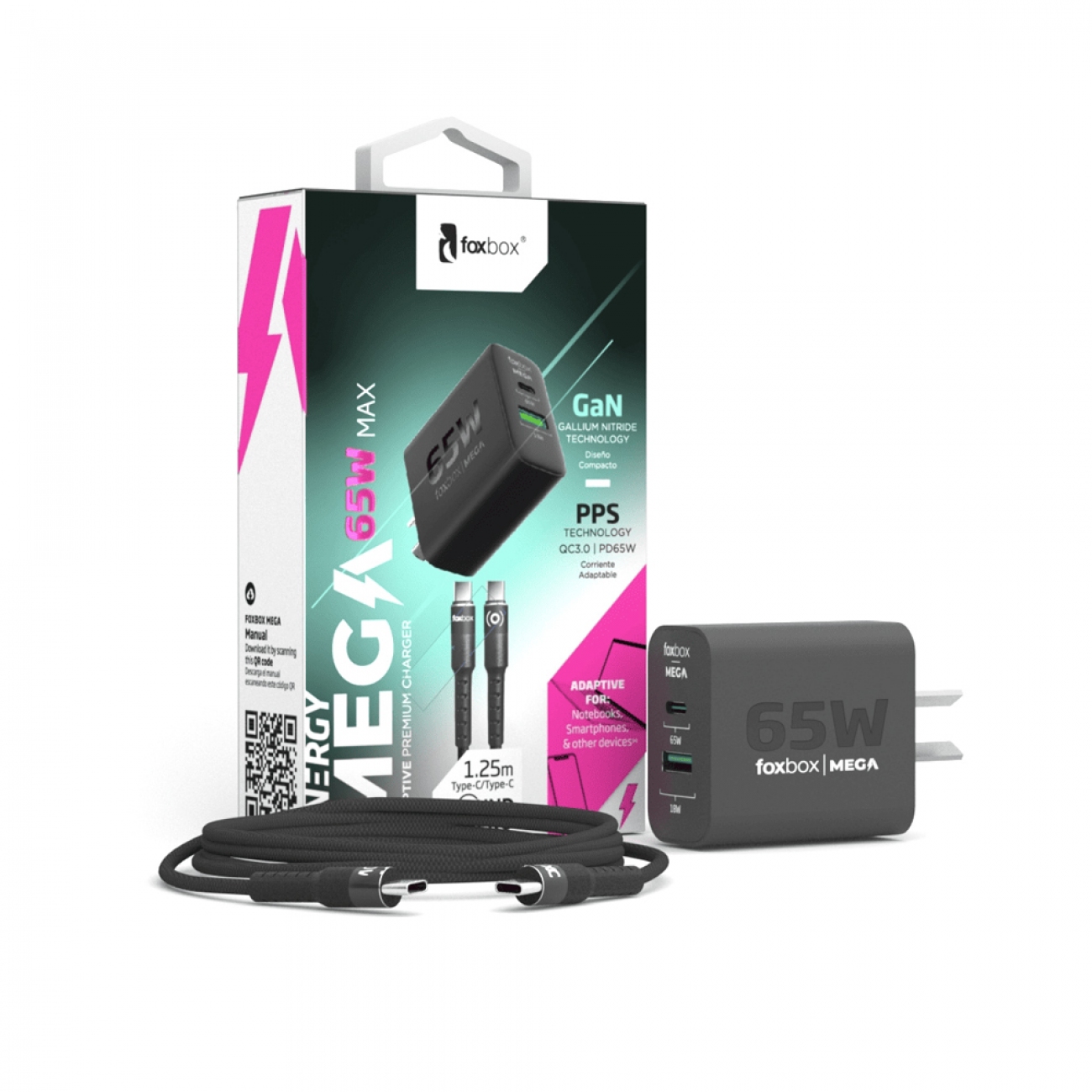 Imagen Cargador Tipo C Foxbox 8010 65 W Negro